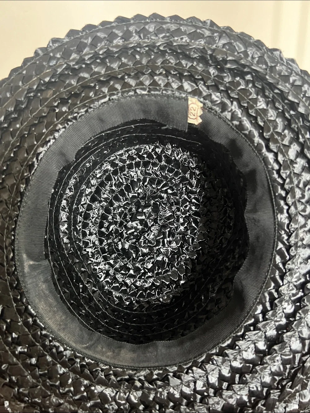 Vintage Black Straw Wide Brim Sun Hat Ribbon Bow Boater Cloche Size 22 Retro